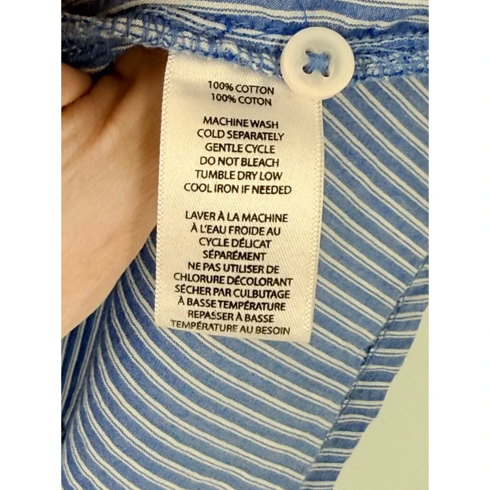 Beachlunchlounge Blue Striped Ruffle Button Down Shirt Womens sz L Beach preppy